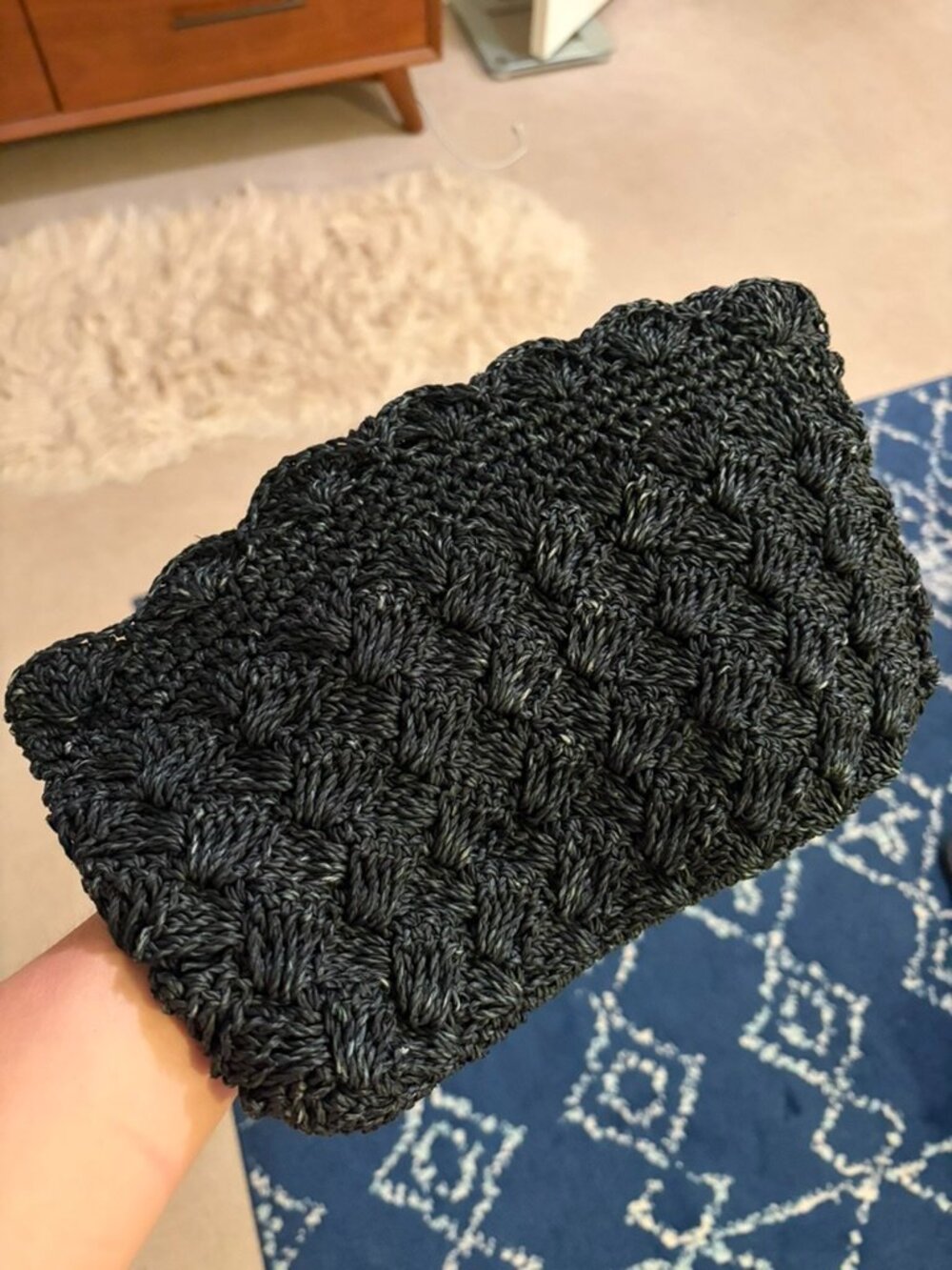 Vintage black raffia woven clutch - made in Japan - medium size